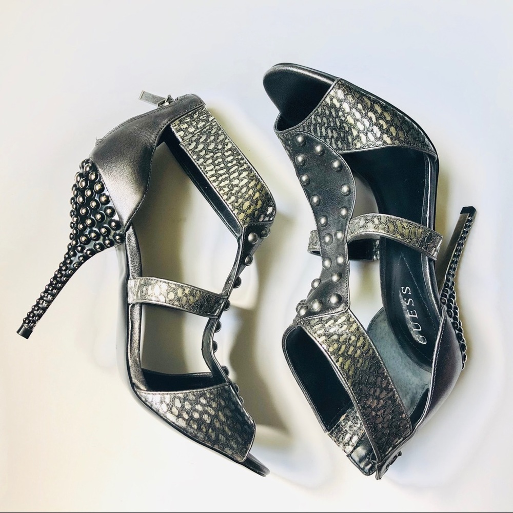 Guess Silver Studded/Snakeskin Zip Back 4.5” Heel